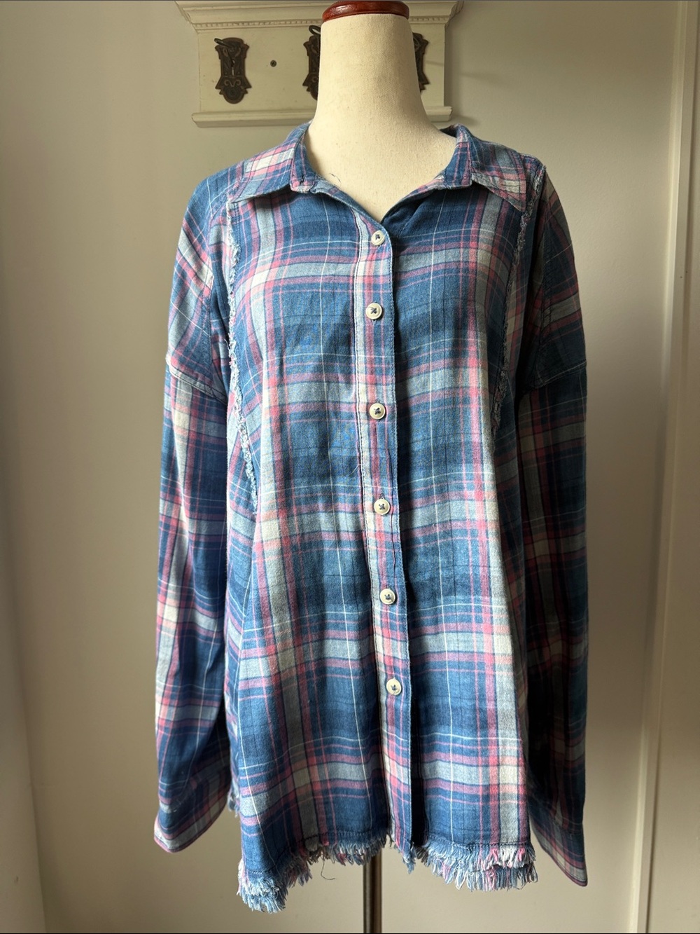 We The Free Blue and Pink Plaid Button-Down Shirt Western Boho